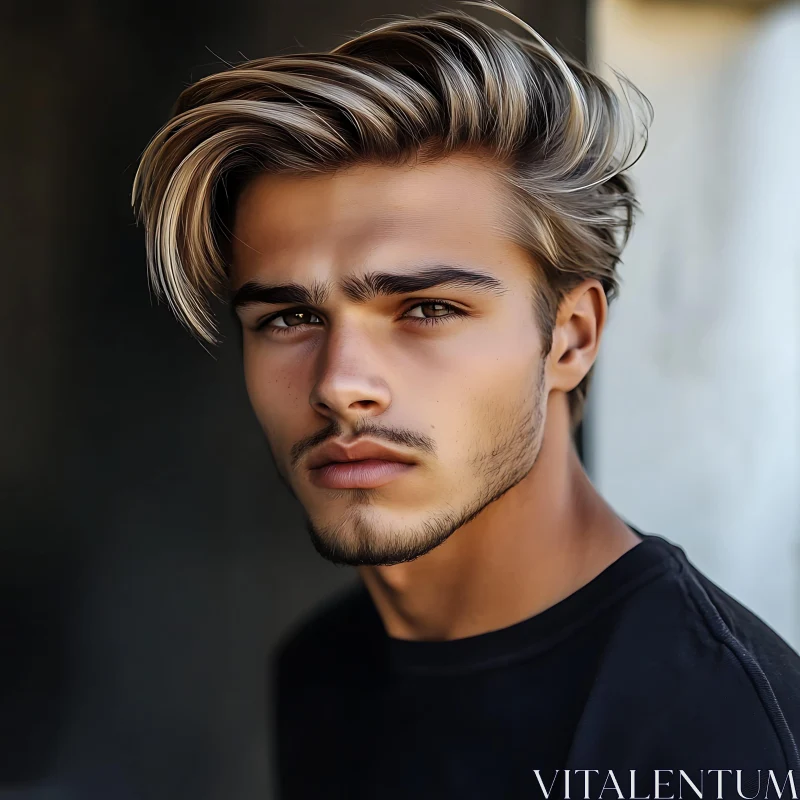 Portrait of a Young Man with Voluminous Blonde Hair AI Image