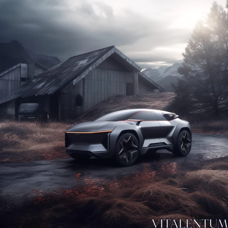 Modern Vehicle in Rural Setting with Mountains AI Image