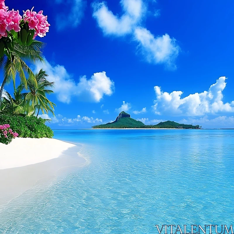 Idyllic Tropical Beach with Lush Palm Trees and Blue Sky AI Image