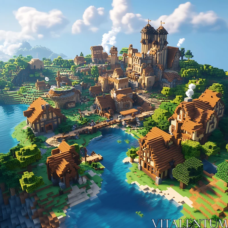 Blocky Medieval Village with Castle AI Image