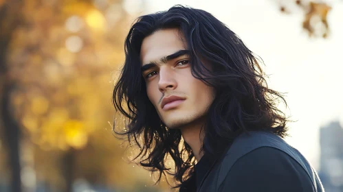 Contemplative Young Man with Long Hair in Fall Landscape