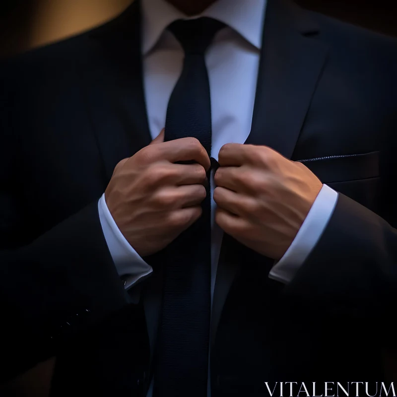 Formal Portrait of a Man Adjusting His Tie in a Black Suit AI Image