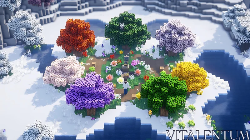 3D Pixel Art: Seasonal Trees in Snowy Clearing AI Image