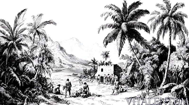 Tropical Island Landscape with Historical Elements AI Image