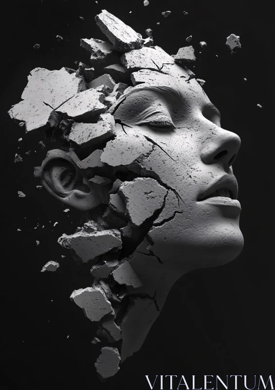 Shattered Human Face Sculpture with Dark Background AI Image