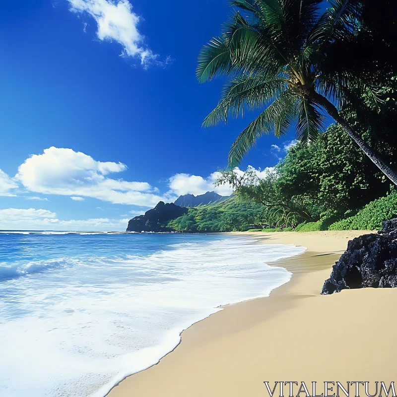 Idyllic Island Beach with Palm Trees and Pristine Waters AI Image