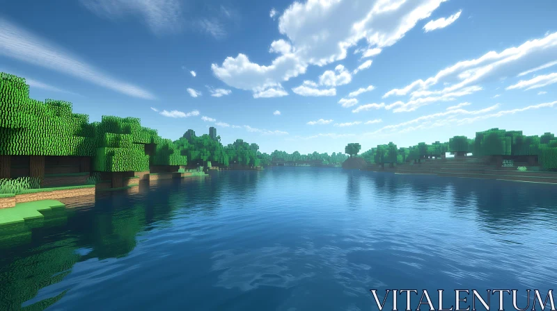 Block-Style Tranquil Lake Scene AI Image