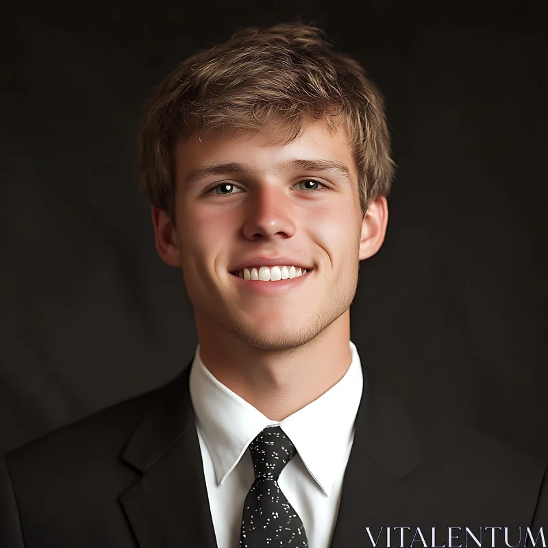 Young Man in Black Suit Smiling AI Image