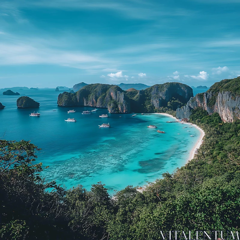 Turquoise Waters and Anchored Boats in Tropical Haven AI Image