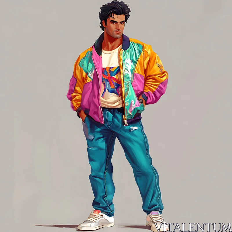 1980s Fashion Style: Multicolored Bomber Jacket Outfit AI Image