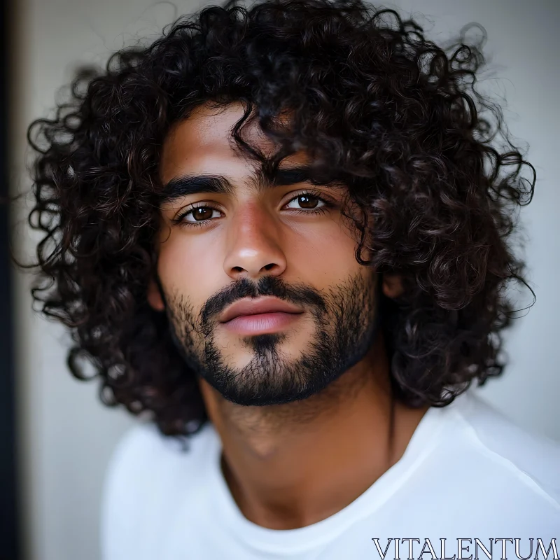 Confident Man with Curly Hair and Neatly Groomed Beard AI Image