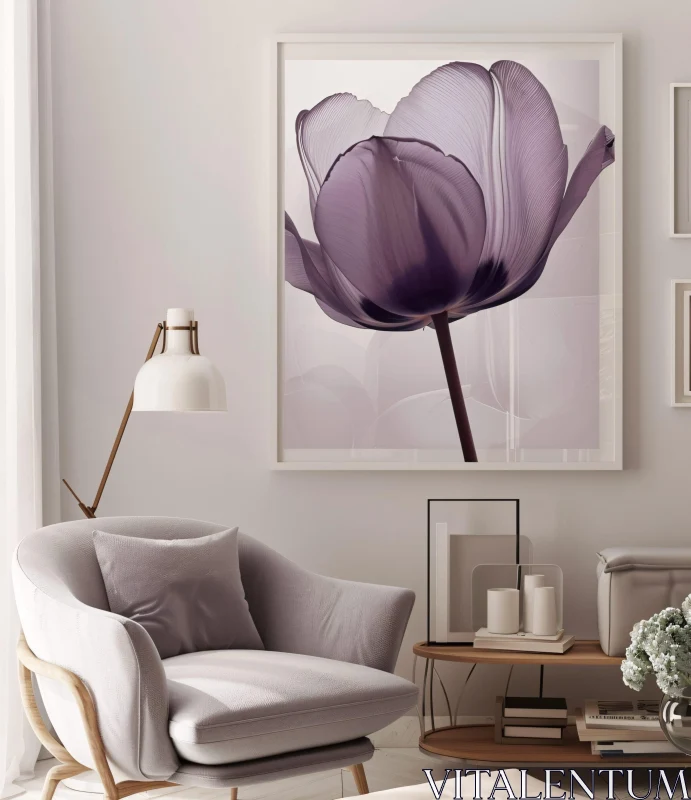 AI ART Minimalist Living Room with Purple Tulip Art