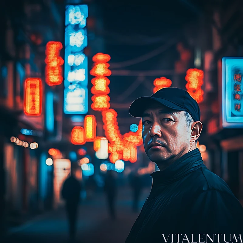 Night-time Cityscape Portrait with Vibrant Neon Signs AI Image