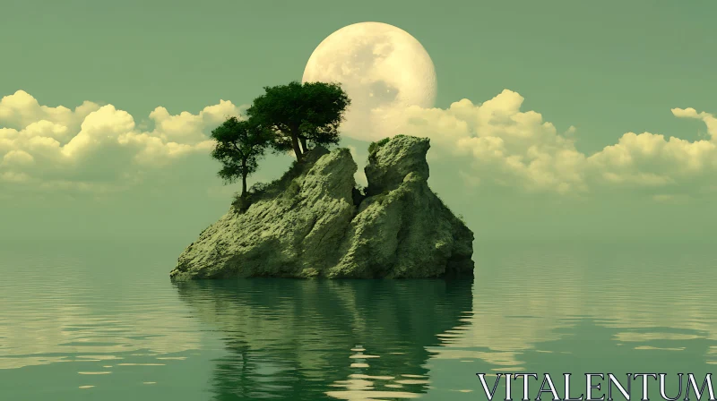 Celestial Island with Moon and Trees AI Image