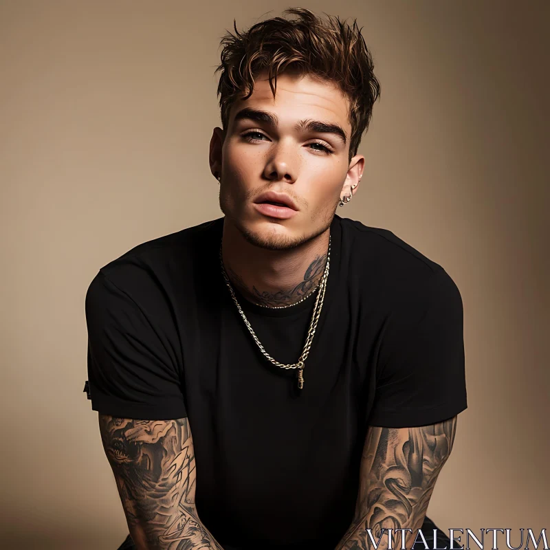 Stylish Young Man with Tattoos and Jewelry AI Image