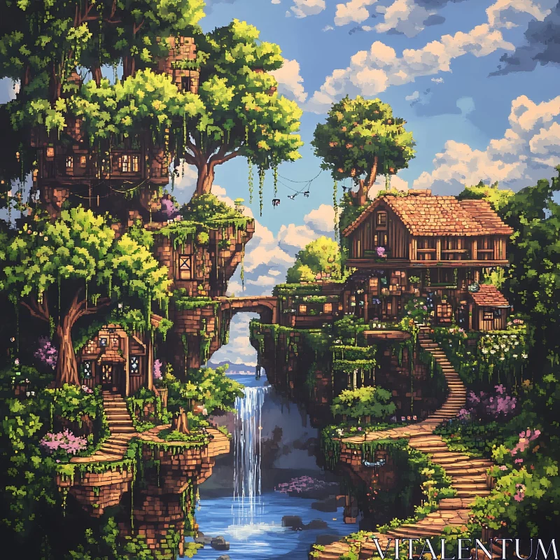 Whimsical Treehouse Cliffs and Cascades AI Image