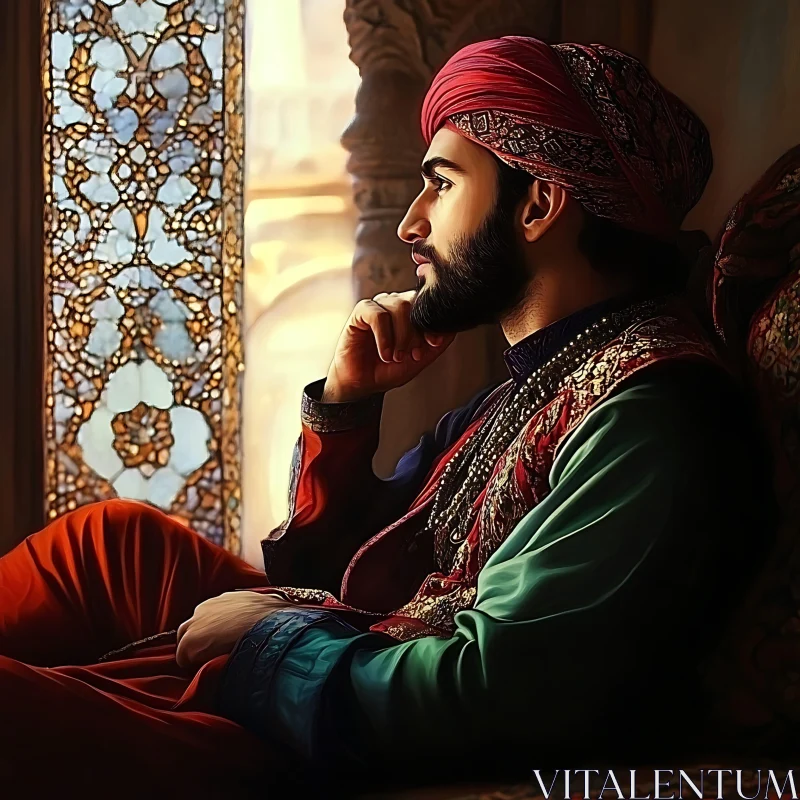 Pensive Man in Historical Traditional Outfits by Window AI Image