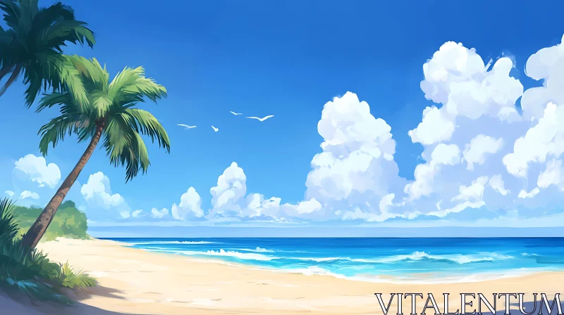 Tranquil Beach Scene with Ocean Waves and Palm Trees AI Image