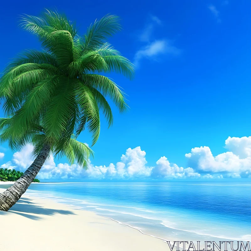 Idyllic Tropical Beach with Palm Tree and Blue Sky AI Image