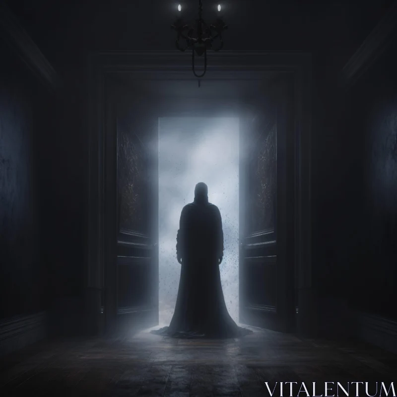 Enigmatic Figure in a Dimly Lit Hallway AI Image