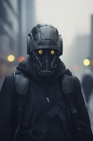 Urban Cybernetic Figure with Glowing Helmet