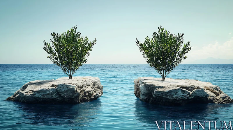 Resilient Trees Growing on Isolated Rocks AI Image