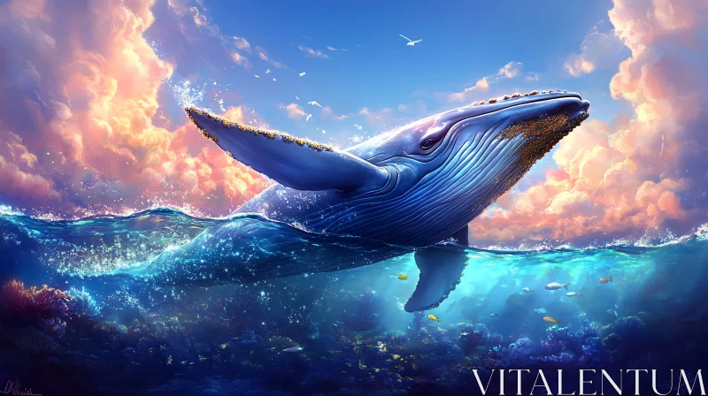 Whale Breaching Ocean Surface at Sunset AI Image