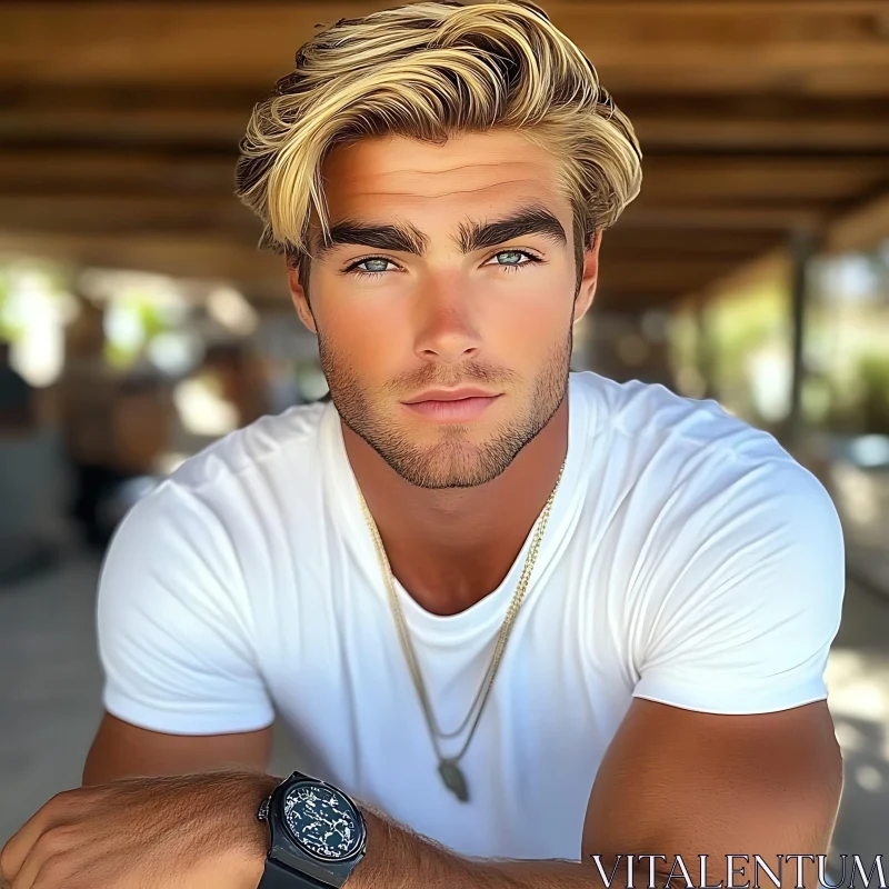 Young Man with Blonde Hair and Blue Eyes Wearing a White T-Shirt AI Image