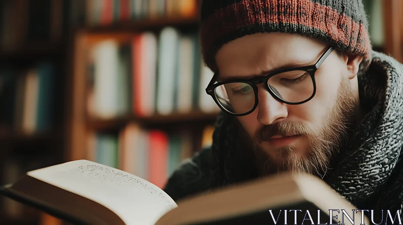 Man with Glasses Engrossed in Reading a Book AI Image