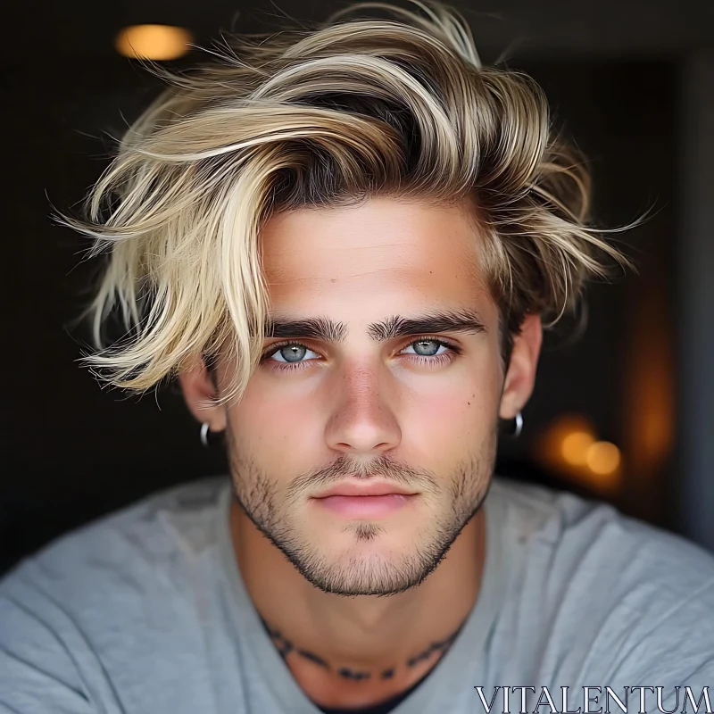 Portrait of a Blond Man with Piercing Blue Eyes AI Image