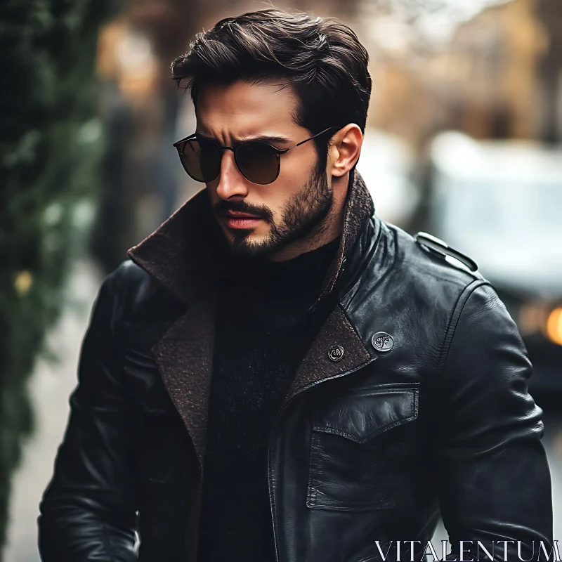 Urban Man Wearing Leather Jacket and Shades AI Image