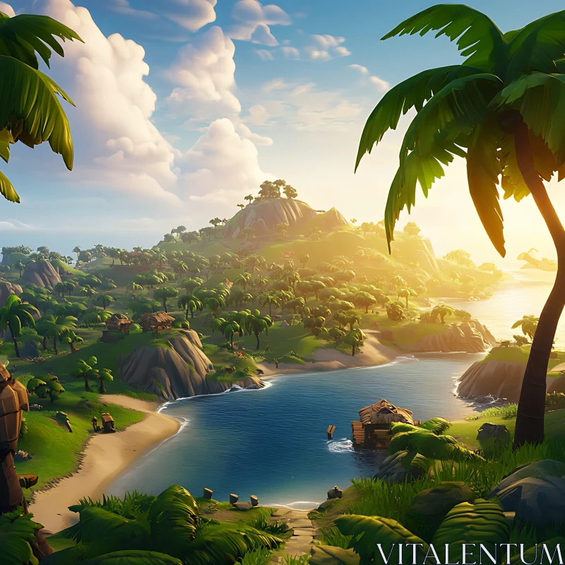 Tropical Island Sunset with Palm Trees and Hills AI Image