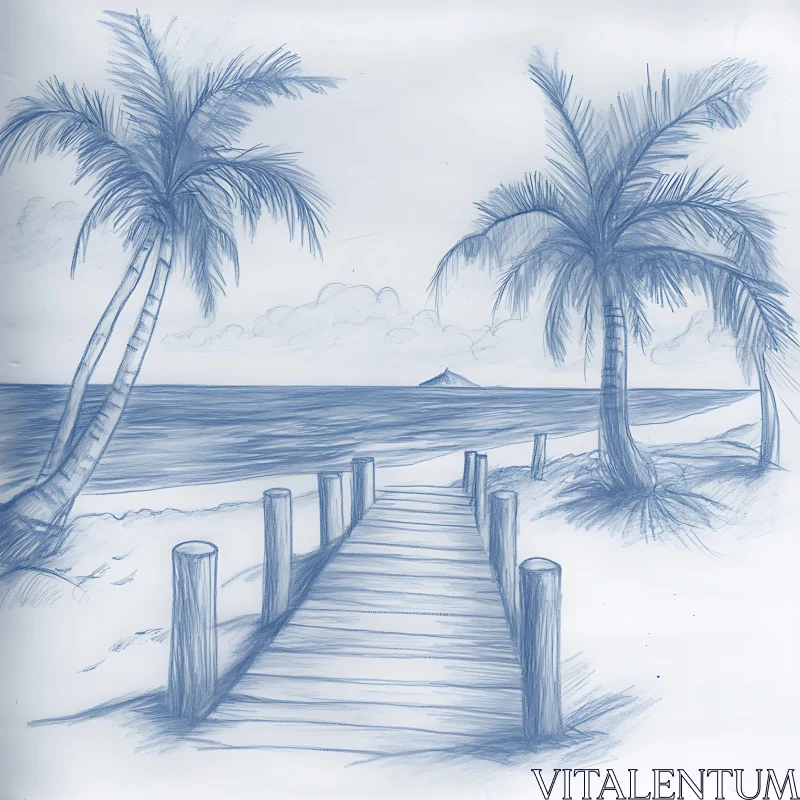 Pencil Drawing of a Seaside Boardwalk with Palm Trees AI Image