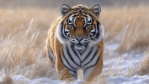 Tiger in Snowy Grassland