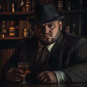 Classic Man Portrait with Whiskey in a Dimly Lit Bar