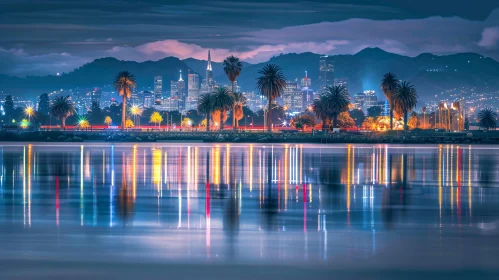 City Lights and Palm Trees Night Reflection