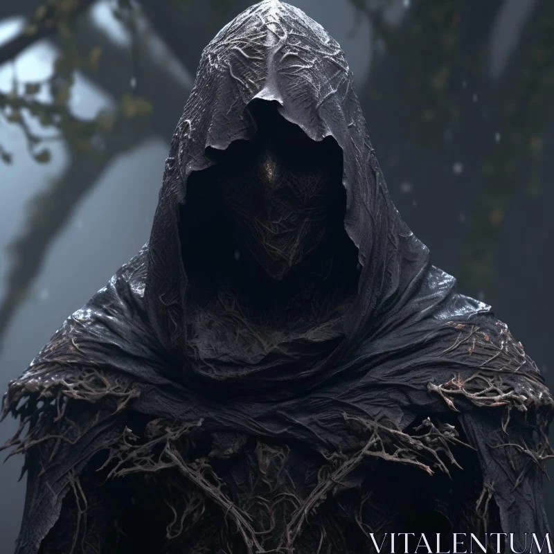 Enigmatic Cloaked Figure Amidst Trees AI Image