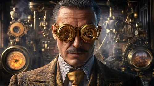 Man with Steampunk Goggles and Vintage Machinery