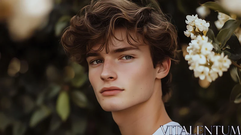 Young Man Amidst Blooming White Blossoms AI Image