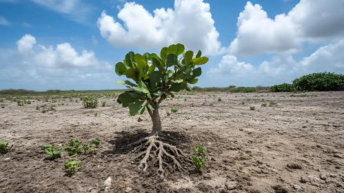 Isolated Tree in Dry Terrain with Clear Sky