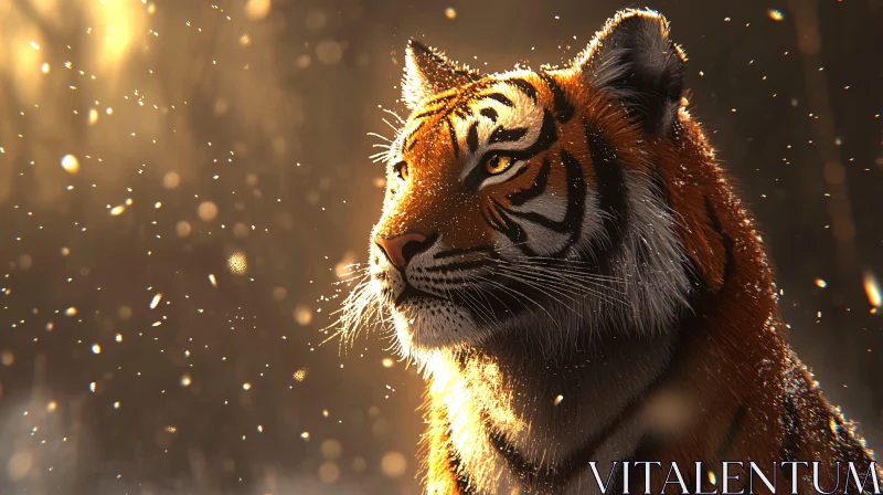 Tiger in Sunlight with Falling Snow AI Image