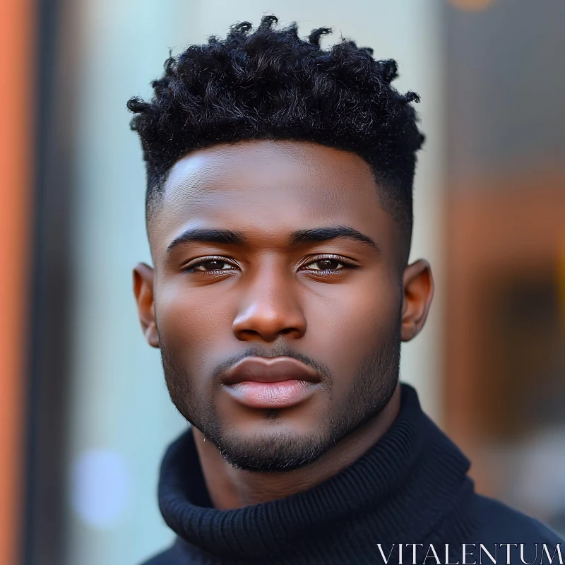 Urban Portrait of a Young Man in a Black Turtleneck AI Image