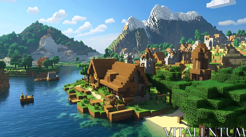 Blocky Village near Mountains and Lake AI Image