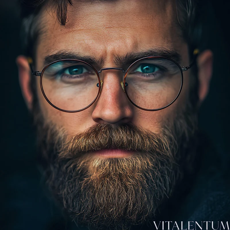 Intense Gaze of a Man with Beard and Glasses AI Image