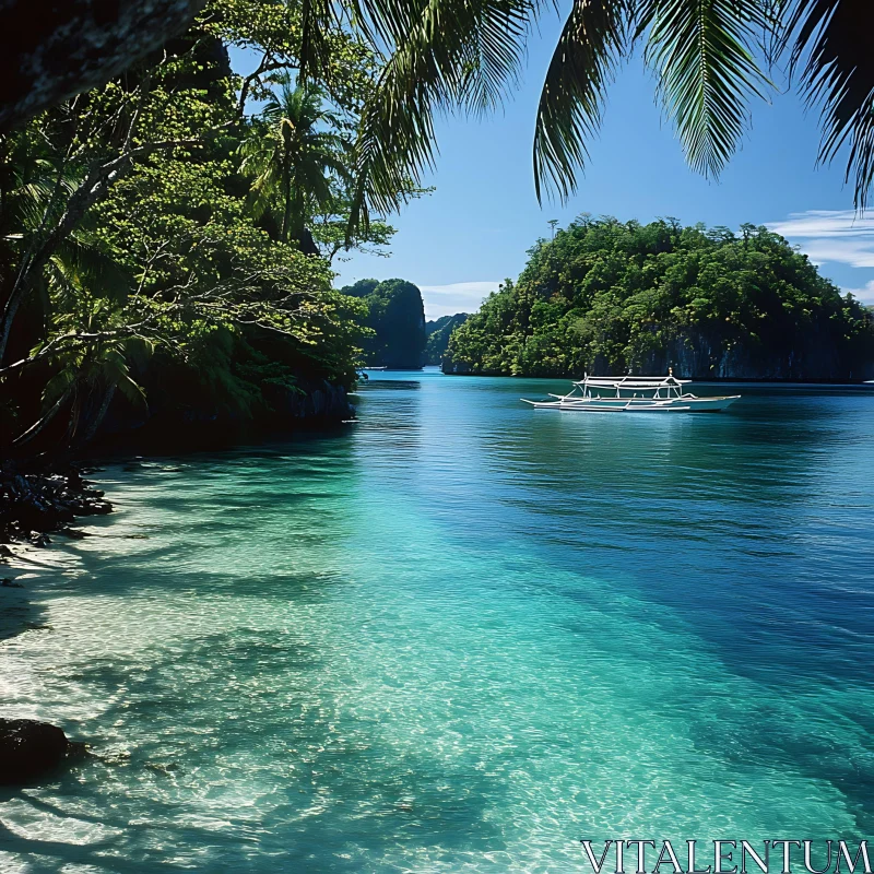 AI ART Tranquil Tropical Scene with Clear Waters and Boat