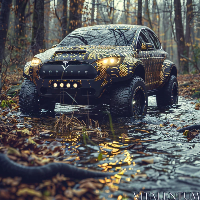 AI ART SUV Driving Through Forest Stream