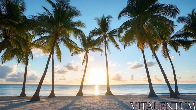 Tranquil Ocean Sunset Beach With Palm Trees AI Image