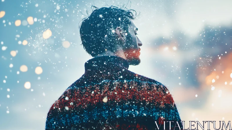 Dreamy Winter Scene with Man in Sweater AI Image