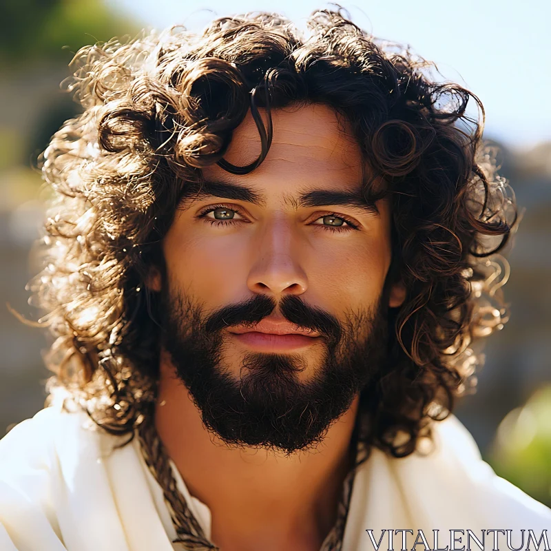 Curly-Haired Man's Serene Outdoor Portrait AI Image