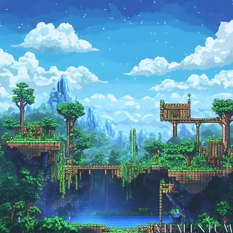 Enchanting Pixel Art Forest with Platforms and Mountains AI Image